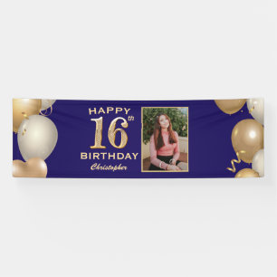 16e verjaardag Navy Blue en Gold Balloons Spandoek