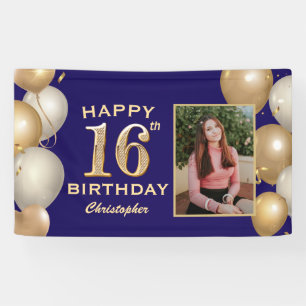16e verjaardag Navy Blue en Gold Balloons Spandoek