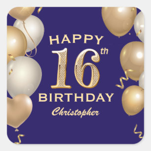 16e verjaardag Navy Blue en Gold Balloons Vierkante Sticker
