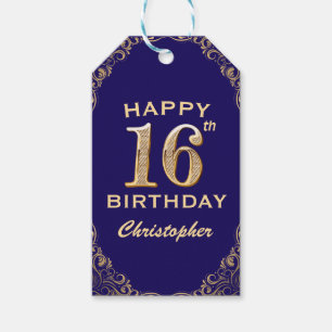 16e verjaardag Navy Blue en Gold Glitter Cadeaulabel