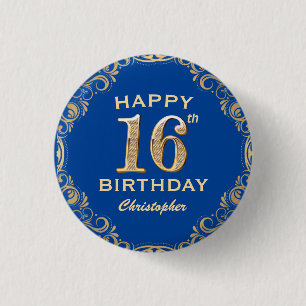 16e verjaardag Navy Blue en Gold Glitter Ronde Button 3,2 Cm