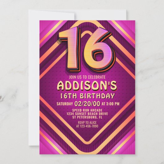 16e verjaardag Neon uitnodiging (Voorkant)