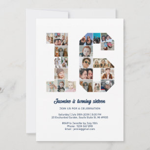 16e verjaardag nummer 16 aangepaste foto collage kaart