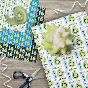 16e verjaardag nummers groen blauw inpakpapier vel