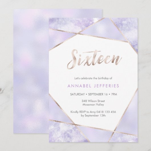 16e verjaardag paars en goud kaart (Voorkant / Achterkant)