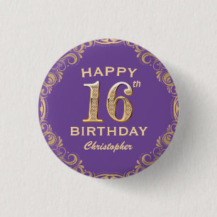 16e verjaardag Paars- en goudglitter-Lijst Ronde Button 3,2 Cm