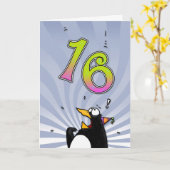 16e verjaardag - Penguin Surprise Kaart (Gele Bloem)