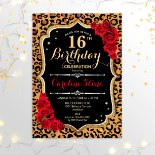 16e verjaardag - Red Roses Leopard Print Kaart