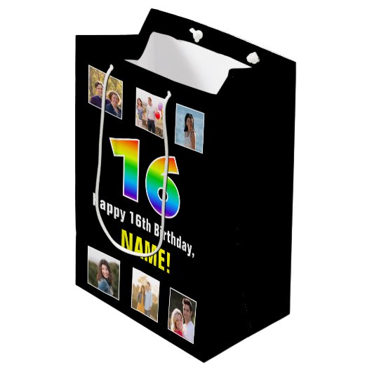 16e verjaardag: Regenboog "16", aangepaste foto's  Medium Cadeauzakje (Voorkant Gekanteld)