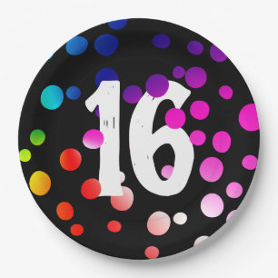16e verjaardag RegenboogStippen op zwart Papieren Bordje