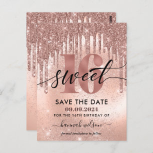16e verjaardag Roos Gold Save the Date Briefkaart
