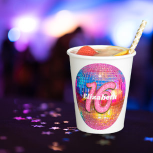 16e Verjaardag Roze Glitters Glamoureuze 70s Disco Papieren Bekers