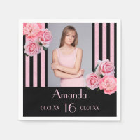 16e verjaardag roze strepen floral black foto