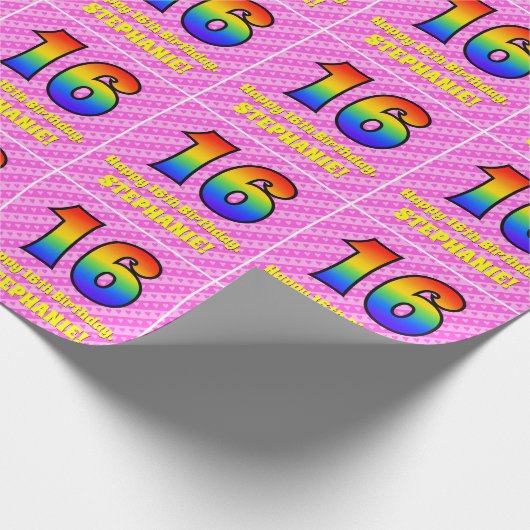 16e verjaardag: roze strips & harten, regenboognr. cadeaupapier (Hoek)