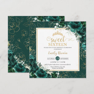 16e Verjaardag Sweet 16 Smaragdgroene Bloemen Goud Kaart