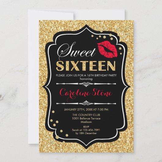 16e verjaardag - Sweet Sixteen Gold Black Red Kaart (Voorkant)