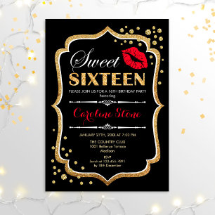 16e verjaardag - Sweet Sixteen Gold Black Red Kaart
