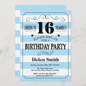 16e verjaardag Uitnodiging blauw en witte strepen (Voorkant / Achterkant)