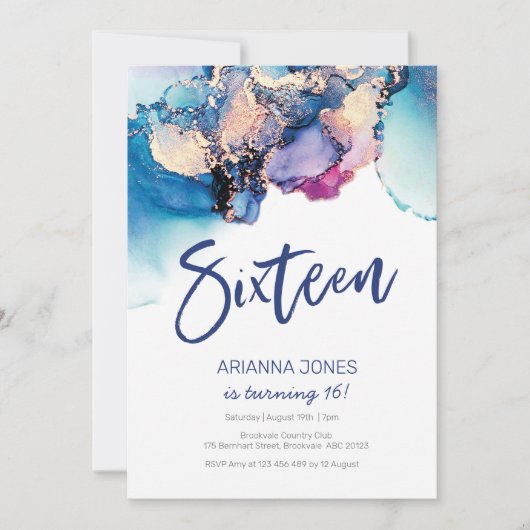 16e verjaardag Uitnodiging blauwe Abstracte Waterv (Voorkant)