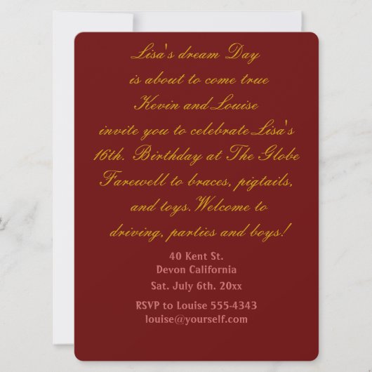 16e verjaardag uitnodiging. kaart (Voorkant)