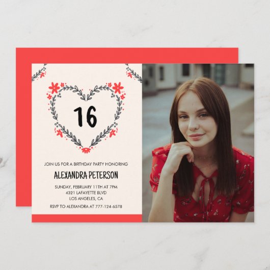 16e verjaardag uitnodigingen voor haar Bloemenhart (Voorkant / Achterkant)