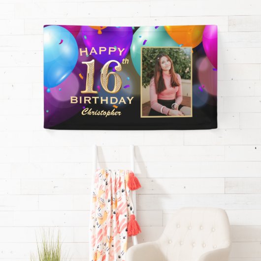 16e verjaardag van de zwarte en gouden ballonnen F Spandoek (Insitu)