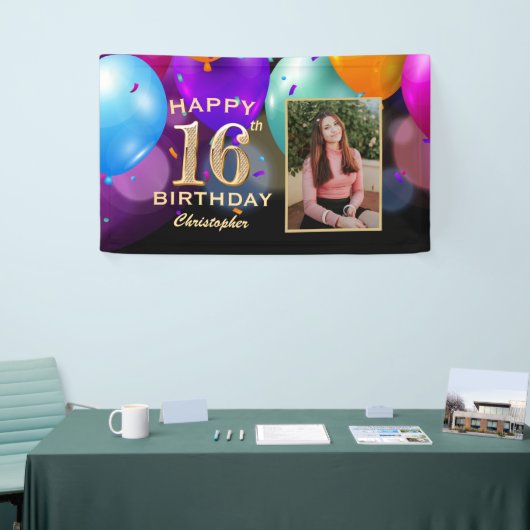 16e verjaardag van de zwarte en gouden ballonnen F Spandoek (Beurs)