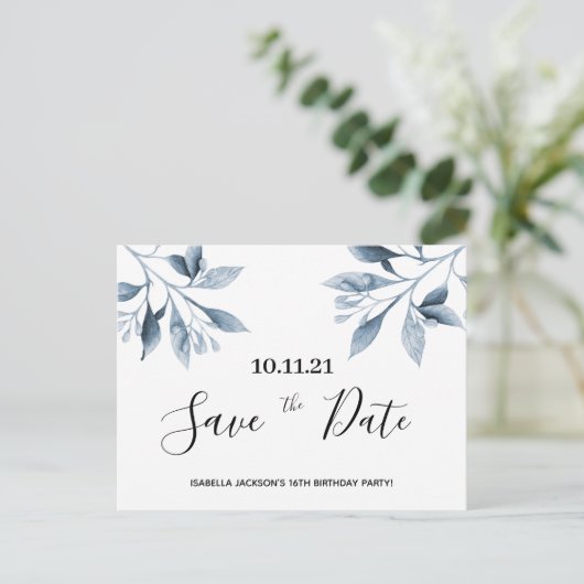 16e verjaardag wit blauw botanisch behalve de datu briefkaart (Staand voorkant)