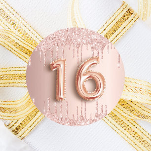 16e verjaardag, zoet 16 roos gouden glitter ronde sticker