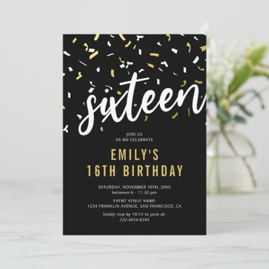 16e verjaardag zwart en goud zestien zoete zestien kaart (Staand voorkant)
