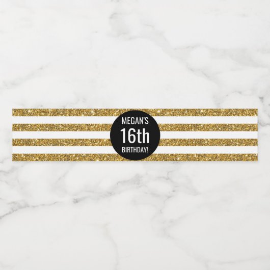 16e verjaardag zwart gouden strepen waterfles etiket (Enkel label)