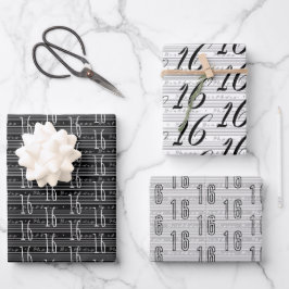 16e verjaardag zwart wit typografie nummers inpakpapier vel