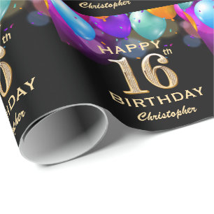 16e verjaardag Zwarte en gouden ballonnen Cadeaupapier