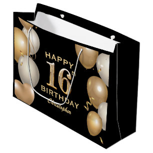 16e verjaardag Zwarte en gouden ballonnen Groot Cadeauzakje