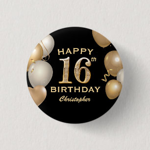 16e verjaardag Zwarte en gouden ballonnen Ronde Button 3,2 Cm