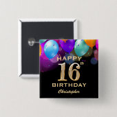16e verjaardag Zwarte en gouden ballonnen Vierkante Button 5,1 Cm (Voorkant /achterkant)