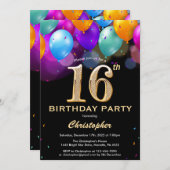 16e verjaardag zwarte en goudkleurige ballonnen kaart (Voorkant / Achterkant)