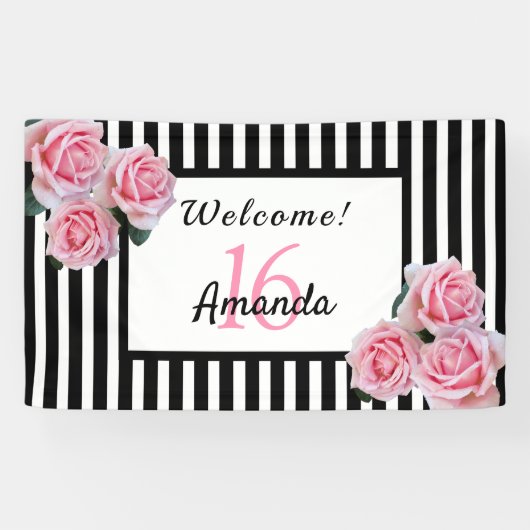 16e verjaardag zwarte witte strepen florals spandoek (Horizontaal)