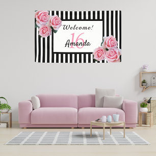 16e verjaardag zwarte witte strepen florals spandoek