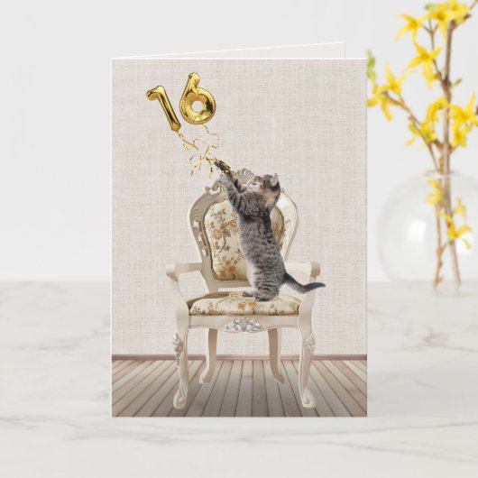 16e verjaardagsballonnen en tabbykat kaart (Gele Bloem)