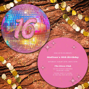 16e Verjaardagsfeest Goud Roze Glitterspiegel Disc Kaart
