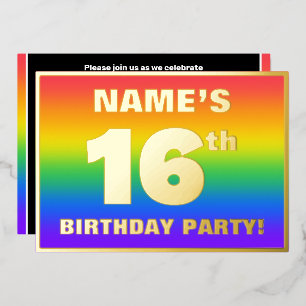 16e verjaardagsfeest: leuk, kleurrijk regenboogpat folie uitnodiging