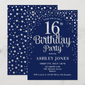 16e verjaardagsfeest - Navy & Silver Kaart (Voorkant / Achterkant)