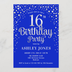 16e verjaardagsfeest - Royal Blue & Silver Kaart