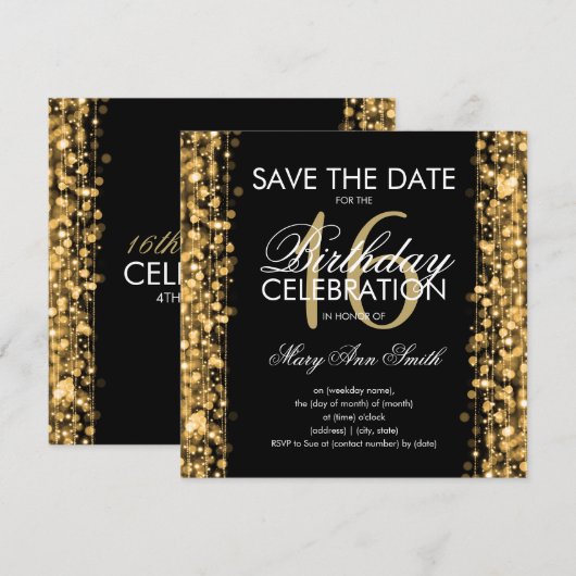 16e verjaardagsfeest "Save The Date" Sparkles Gold Kaart (Voorkant / Achterkant)