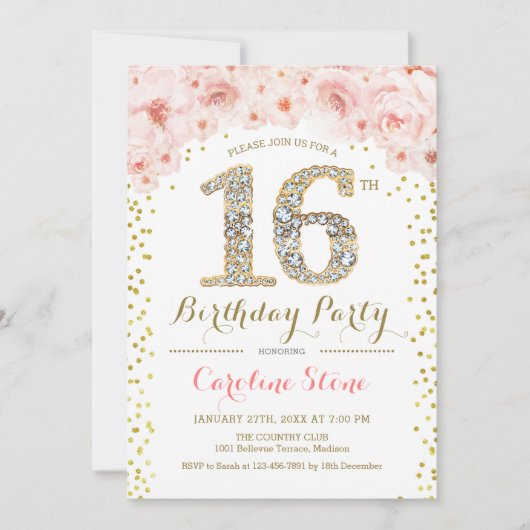 16e Verjaardagsfeest - Witte Goud Roze Kaart (Voorkant)