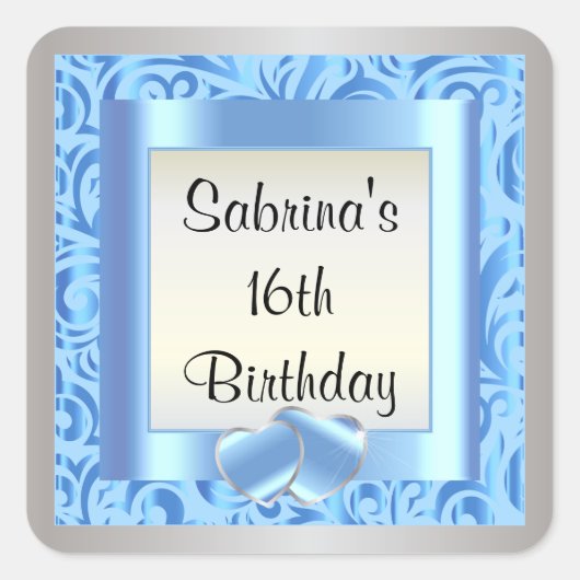 16e verjaardagsfeestje | DIY-tekst | Blauw Vierkante Sticker (Voorkant)
