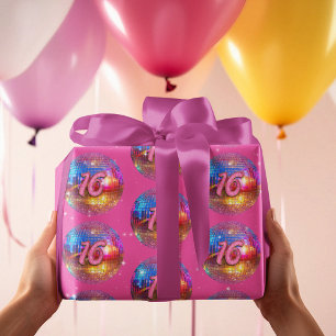 16e verjaardagsfeestje Gouden Roze Glitter Disco B Cadeaupapier
