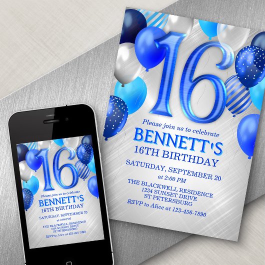 16ème Ado Boy Blue Invitation d'anniversaire
