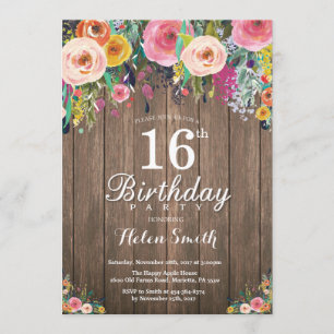 16ème invitation florale rustique d'anniversaire